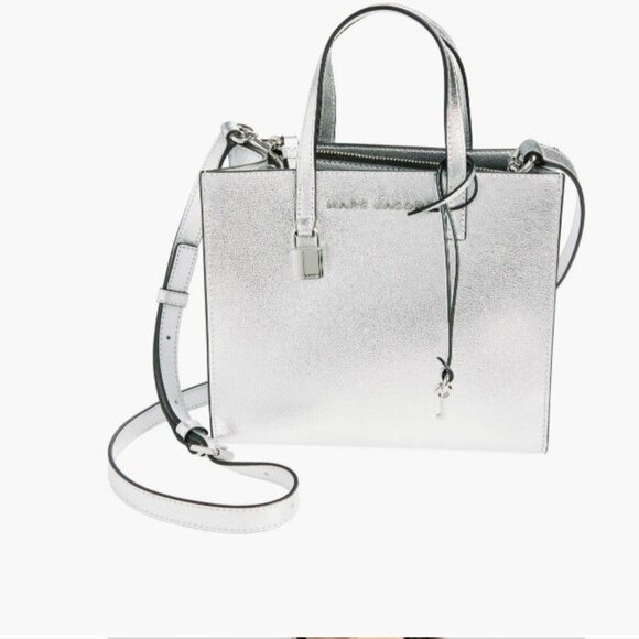 Marc Jacobs Mini Grind Tote Bag Purse Metallic Silver Shiny Chic Luxury Designer